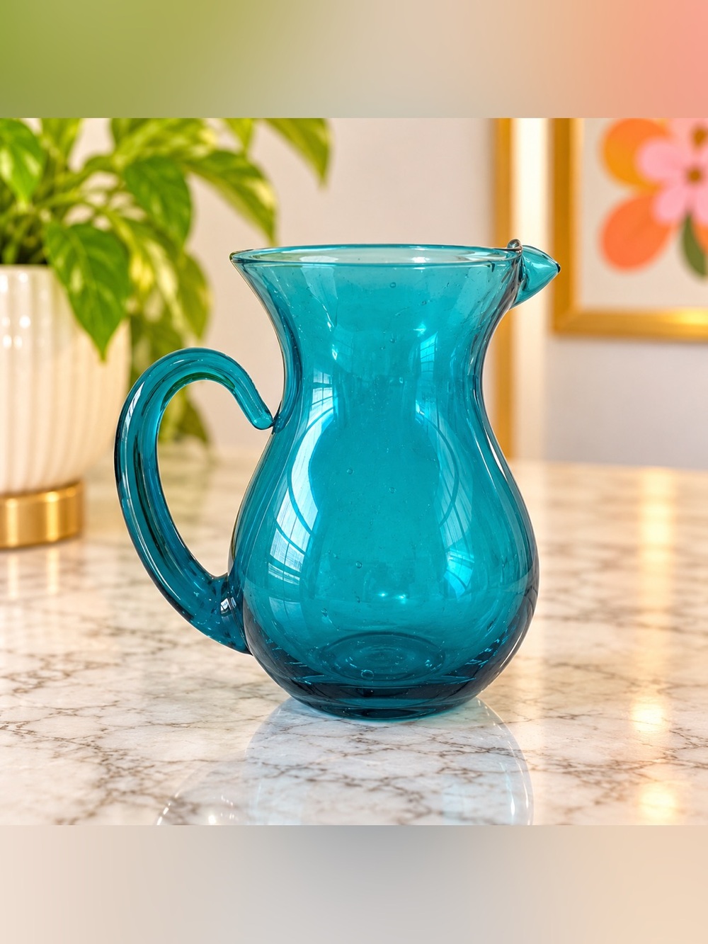 Vintage MCM Blenko Glass Pitcher In Teal 5” Stunning Art glass retro mid century